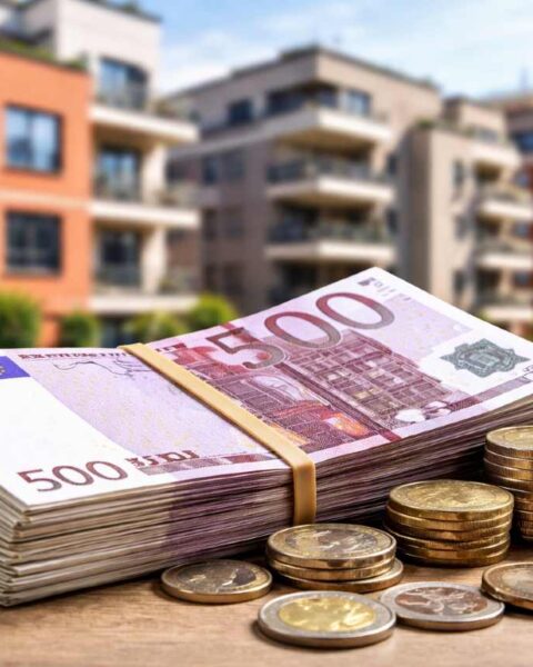 Soldi e monete con sfondo urbano
