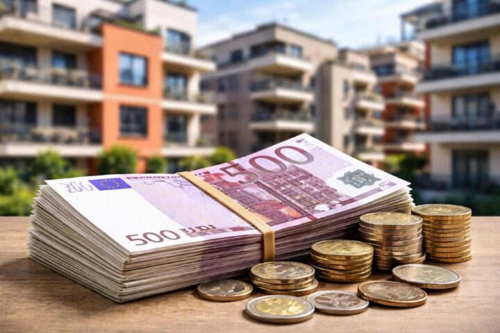 Soldi e monete con sfondo urbano